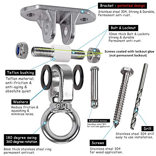 Stainless Steel 304 Heavy Duty Hanger 180°360° Swing 1200 LB Mounting Auger Installation Guide Playground Porch Swing Sandbag Yoga Hammock Stand Wooden Indoor-Outdoor