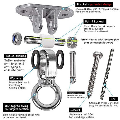 Stainless Steel 304 Heavy Duty Hanger 180°360° Swing 1200 LB Mounting Auger Installation Guide Playground Porch Swing Sandbag Yoga Hammock Stand Wooden Indoor-Outdoor