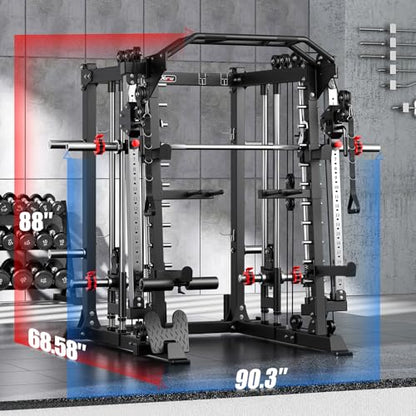 Smith Machine，Multi-Function Squat Rack Power Cage with Cable Crossover System,with Optional Weight Bench, Olympic Barbell Weight Set, for Home Gym