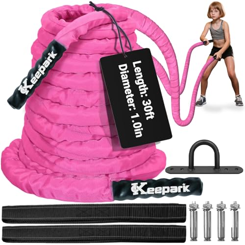 Battle Ropes for Home Gym 1 Inch Diameter 30FT Length Workout Rope Exercise Rope Training Ropes with Protective Sleeve for Kids Men Women Exercise Fitness & Strength Training-Pink - style: 1IN -30FT - Pink