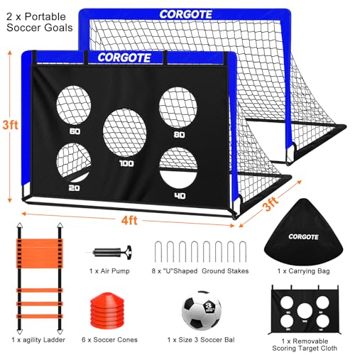 Toddler Soccer Goals for Backyard Set of 2, 4x3ft Portable Pop Up Soccer Net, Kids Soccer Training Equipment with Ball, Cones, Ladder, Scoring Target, 3-14Years Old Birthday Gifts for Boy Girl
