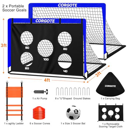 Toddler Soccer Goals for Backyard Set of 2, 4x3ft Portable Pop Up Soccer Net, Kids Soccer Training Equipment with Ball, Cones, Ladder, Scoring Target, 3-14Years Old Birthday Gifts for Boy Girl