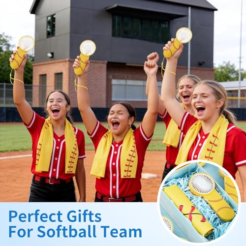 24 Pcs Softball Team Gifts Set, Includes 12 Pcs Softball Cooling Towels and 12 Portable Fans, 40"x12" Workout Sport Towels Mini Handheld Fan for Sport Party Favors (Battery Not Include)