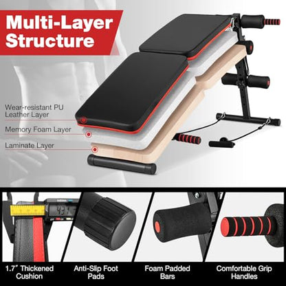Goplus 7 in 1 Sit up Bench, Foldable Decline Incline Bench w/4 Position Adjustable Height & 2 Elastic Ropes for Strength Training, Curved AB Slant Board Workout Equipment for Home Gym Fitness, 330 LBS