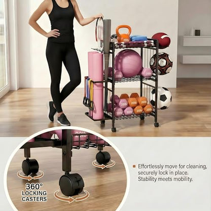 Home Gym Storage Rack 3-Tier Dumbbell Rack with Ball Holder & Side Basket Heavy Duty Vertical Workout Equipment Organizer for Yoga Mats Lockable Wheels