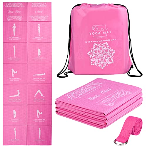 Foldable Yoga Mat for Women, Non Slip Exercise Mat for Home Gym, 5mm Travel Yoga Mats Set With Stretch Strap for Yoga Pilates and Fitness, 68"L x 24"W x 0.2 Inch Thick