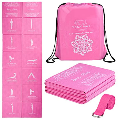 Foldable Yoga Mat for Women, Non Slip Exercise Mat for Home Gym, 5mm Travel Yoga Mats Set With Stretch Strap for Yoga Pilates and Fitness, 68"L x 24"W x 0.2 Inch Thick