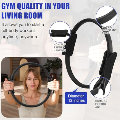 10 Pcs Pilates Ring Blocks Set for Women Home Yoga Equipment Accessories Pilates Ring Circle and Ball Workouts Gift Include Ball Yoga Circle Resistance Bands Block Straps Gym Bag - color: Black