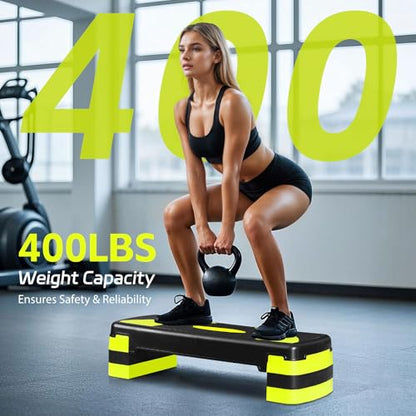 31” Aerobic Step Platform for Exercise, Adjustable Workout Stepper with Non-Slip Surface, Fitness Step Platform with 3 Height Levels, 400 LBS Capacity for Home Gym Cardio Training (Green)