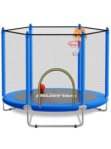 60" Trampoline for Kids 5FT Toddler Trampolines Indoor/Outdoor with Adjustable Gymnastics Bar & Safety Net, No-Gap Design, Anti-Rollover Bottom, Basketball Hoop, Gifts for Boys & Girls - color: Blue - Classic