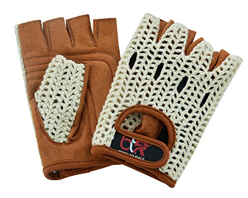 Men's Chauffeur Half Finger Padded Gloves - Driving, Motorbike, Cycling, Gym, Wheelchair, Crochet Back - color: White/Brown, size: Small