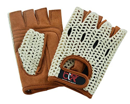 Men's Chauffeur Half Finger Padded Gloves - Driving, Motorbike, Cycling, Gym, Wheelchair, Crochet Back - color: White/Brown, size: Small