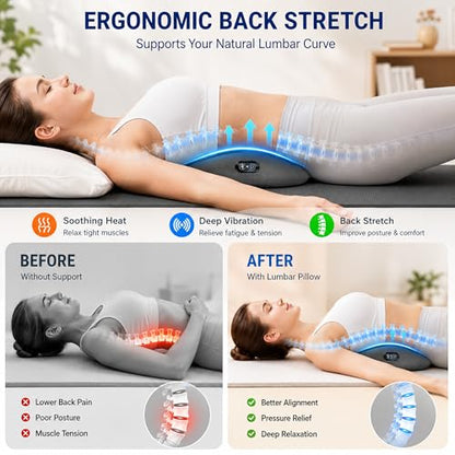 3-in-1 Electric Back Massager Pillow with Heat, Vibration & Traction, Ergonomic Lumbar Support Cushion with Memory Foam for Lower Back Comfort, Bed, Office Chair, Sofa & Car (Ash Gray)