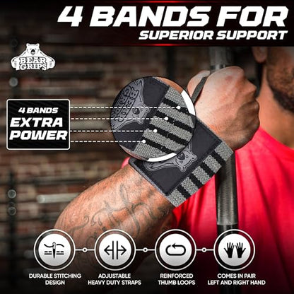 Bear Grips Wrist Wraps for Weightlifting | Weight Lifting Wrist Straps for Weightlifting | Extra Strength Gym Wrist Wraps | Two Wrist Wrap Per Pack | 12” & 18” | Lifting Wrist Wraps for Men & Women - color: Extra Strength: Gray