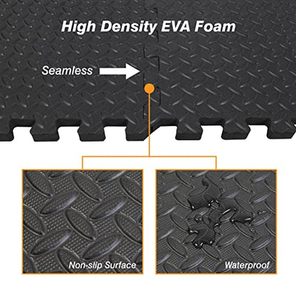 TCE AUPM001BK Interlocking Foam Mat Protective Exercise Workout Puzzle Floor Mat Tiles for Home Gym Equipment - 6 Pieces, 24 Square feet, Black