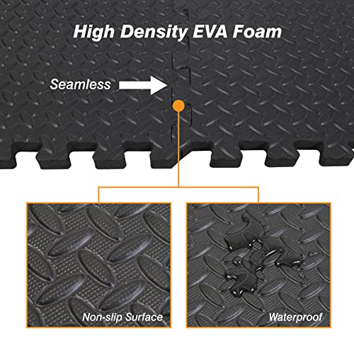 Mat Block Interlocking Foam Tiles Puzzle Mats for Floor 24 SQ FT, 1/2 inch, 6 Tiles, EVA Gym Mat Flooring Exercise Equipment Mat for Home Gym Equipment, Black, 6pcs