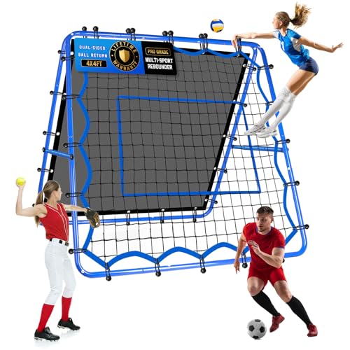 Volleyball Baseball Rebounder Net, Softball Rebounder Pitchback Net Quick Adjustments, Quick Adjustments Lacrosse Bounce Back Practice Equipment, Ideal for Outdoor Indoor and Backyard Training - size: 4FTx4FT, style: Dual-Sided Multi-Sport Rebounder