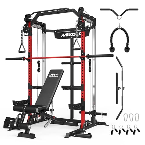 Mikolo Power Cage, 2000LB Power Rack with Independent Dual Pulley System, Multi-Function Home Gym Workout Machine for Cable Crossover and Squat - color: Red, size: Bench & Bar Package