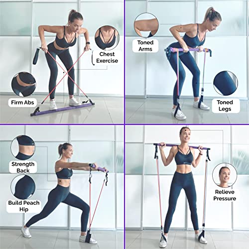 Portable Pilates Bar Kit with Resistance Bands (20, 30, 40, 50 LB) - Guided 8-Week Pilates Bar Kit Plan - Premium Quality Home Equipment 3-Section Pilates Bar with Resistance Bands Full-Body Toning