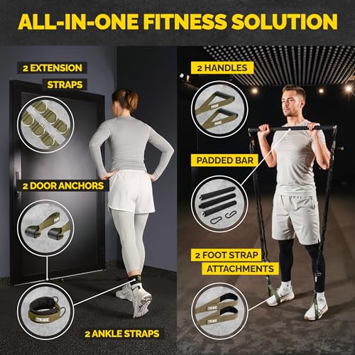 Tube Resistance Bands for Working Out Men and Women - 180lb Exercise Bands Set with Handles, Resistance Band Bar, Ankle Straps, Foot Straps, Door Anchor for Home Gym Strength