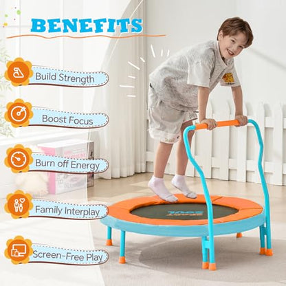 Mini Trampoline for Kids 3-6 with Super Safe Foam Handle Bar, 3ft Toddler Trampoline Indoor with No-Gap Cover for Indoor and Outdoor