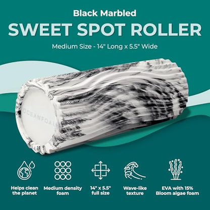 Sweet Spot Medium Exercise Foam Roller 14"x5.5" – Medium Density Travel Foam Roller for Physical Therapy, Deep Tissue Massage, Yoga, Pilates, Classic Exclusive Wave Texture (Black Marbled)