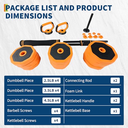Garvee 4-In-1 Adjustable Dumbbell Set (44/66/88LB) - Convertible to Barbell, Kettlebell & Push Up Stands, Home Gym Equipment for Men & Women, Space Saving Weights with PVC Coating,44 LBS