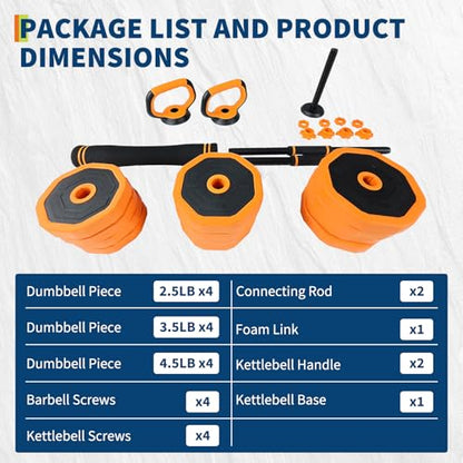 Garvee 4-In-1 Adjustable Dumbbell Set (44/66/88LB) - Convertible to Barbell, Kettlebell & Push Up Stands, Home Gym Equipment for Men & Women, Space Saving Weights with PVC Coating,44 LBS
