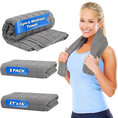 HOMERHYMRE Microfiber Workout Towels, 3 Pack Grey Gym Sweat Sports Towel for Yoga, Tennis, Running, Exercise, Working Out, Camping, Quick Dry, Highly Absorbent, for Women & Men, 16 x 27 Inch