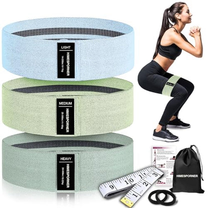 Wide Fabric Resistance Bands for Working Out, 3 Level Non-Slip Exercise Booty Bands for Women & Men Leg and Glutes with Hair Ties and Tape Measure - for Home Gym Workout, Yoga, Pilates