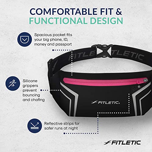 Fitletic Modern Sports Running Belt For Men & Women – Water Resistant Pouch - Fits All Smart Phones- Lightweight, Low Profile Design –Lycra Coated With Inner Card Organizer Pocket Black/Pink Zipper - color: Black / Pink Zipper