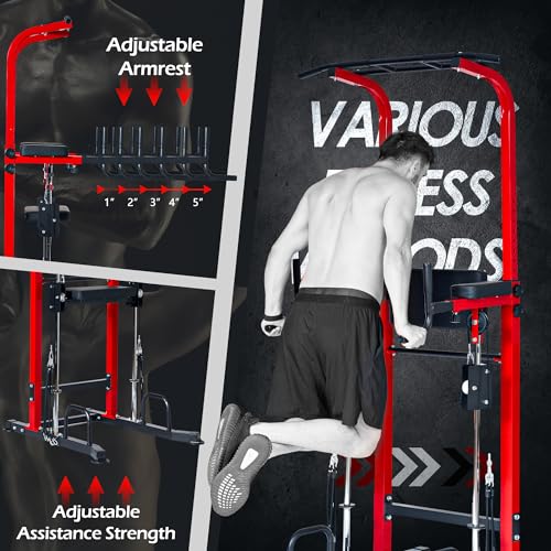 Dland Power Tower Dip Station Pull Up Bar Exercise Tower, Multifunctional Adjustable Height Training Equipment for Home Gym, Free Standing Assisted Fitness Workout Pullup Rack Station Machine - color: Red