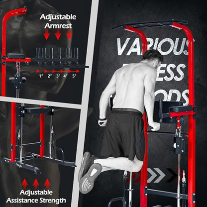 Dland Power Tower Dip Station Pull Up Bar Exercise Tower, Multifunctional Adjustable Height Training Equipment for Home Gym, Free Standing Assisted Fitness Workout Pullup Rack Station Machine - color: Red