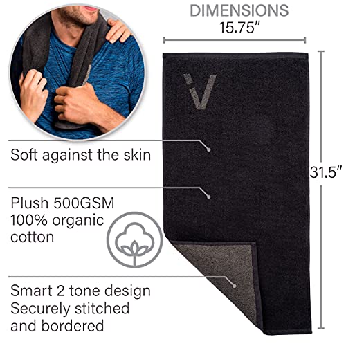 Black Organic Cotton Gym Towel for Men and Women - Silver Infused Sweat Towel, 500 GSM, 31.5"x15.75" - Soft Absorbent Workout Towel for Gym Yoga Sports, Exercise Towel