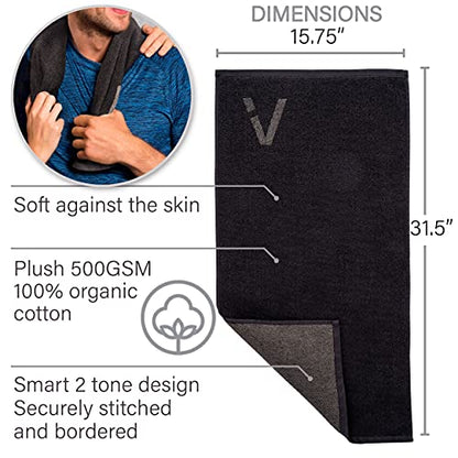 Black Organic Cotton Gym Towel for Men and Women - Silver Infused Sweat Towel, 500 GSM, 31.5"x15.75" - Soft Absorbent Workout Towel for Gym Yoga Sports, Exercise Towel