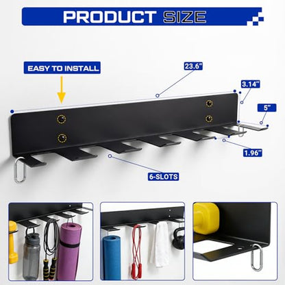 Sintuff Wall Mounted Dumbbell Rack for Home Gym, Heavy Duty Metal Storage Organizer with 6 Slots & Hooks, Space Saving Weight Holder for Dumbbells, Bands, Jump Ropes & Workout Accessories