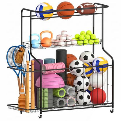 Sports Equipment Organizer -Heavy Duty Rolling Garage Storage Rack & Ball Holder, Large Capacity Cart for Outdoor Toy Storage & Garage Storage