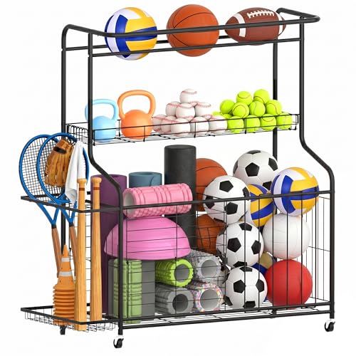 Sports Equipment Organizer -Heavy Duty Rolling Garage Storage Rack & Ball Holder, Large Capacity Cart for Outdoor Toy Storage & Garage Storage
