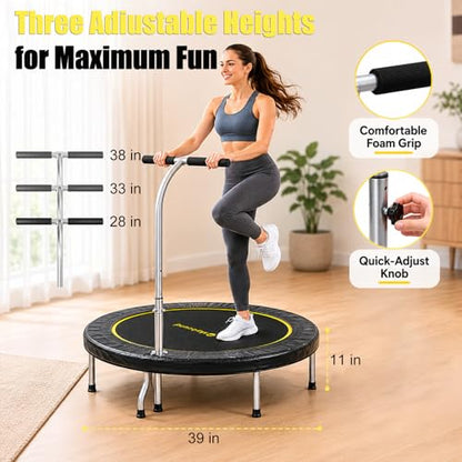 SkyBound Mini Rebounder Trampoline for Adults Foldable Fitness Rebounder with Adjustable T-Bar Handle - 40" Exercise Trampoline for Kids & Adults - Indoor Fitness Trampoline for Workout Trainer - style: Elite
