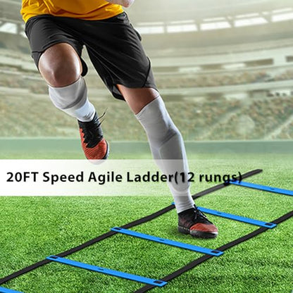 Speed & Agility Training Equipment-20ft Agility Ladder, 6 Poles, 12 Soccer Cones, Resistance Parachute, Jump Rope, Soccer Football Basketball Sport Training Set for Kids Youth Adults - color: Blue