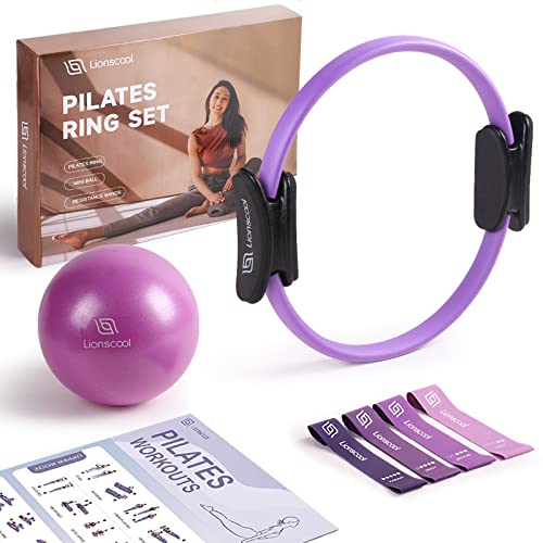 Pilates Ring Set – 14" Anti-Deformation Magic Circle with Padded Handles, Mini Ball, Resistance Bands, Guide & Bag - color: Purple