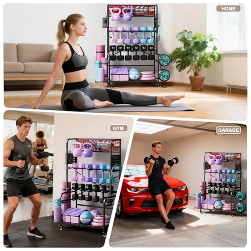 Heavy Duty Dual-Row Dumbbell Rack with Wheels, Home Gym Vertical Storage Stand with Yoga Mat Storage, Space Saving Fitness Equipment Organizer for Home Workout