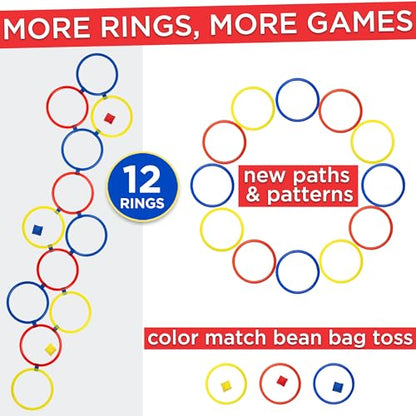 12 Hopscotch Rings, 3 Bean Bags, 25+ Games Guide, Obstacle Course for Kids