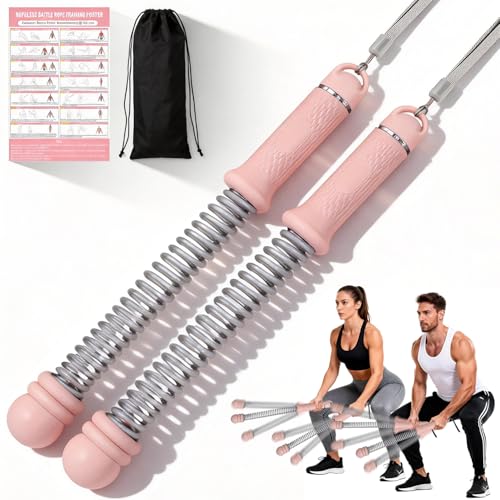 Upgrade Portable Ropeless Battle Ropes - Adjustable Weights Cordless Battle Ropes for Home Gym with Training Poster - Battle Rope Sticks Exercise Equipment for Low-Impact Workout, HIIT & Cardio - Pink - color: Pink