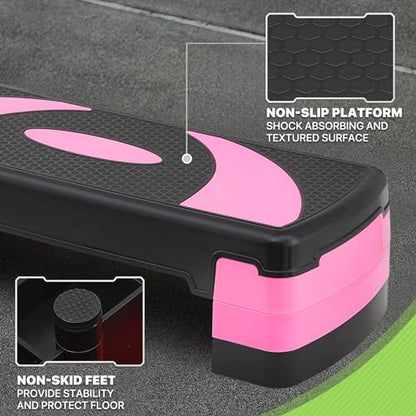 Aerobics Stepper Platform for Exercise Adjustable Compact Workout Step for Cardio, Core and Strength Training