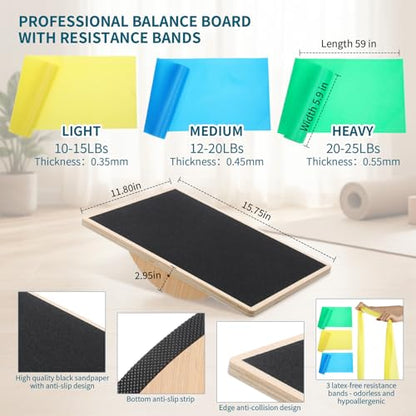 Balance Board Trainer Set with Resistance Bands for Adults Wooden Wobble Board for Core Strength, Stability & Balance Training, Includes 3 TPE Exercise Bands