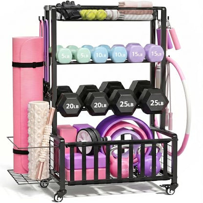 Dumbbell Rack, Home Gym Storage Rack, Adjustable Weight Rack Organizer with Wheels & Hooks, Heavy Duty Gym Equipment Storage, Workout Storage Organizer for Garage Gym