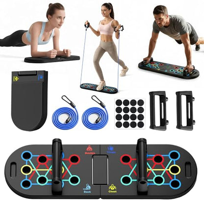 Plank Board & Push Up Board 22-in-1 with Resistance Bands – Core Trainer with Foam Elbow Pads, Foldable Home Gym Equipment for Men & Women