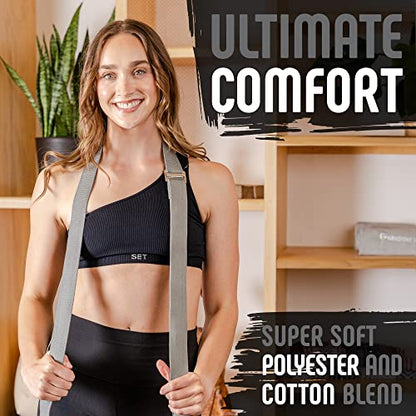 Yoga Strap, Friction-Less Easy-Feed Buckle, Super Soft Cotton/Polyester Blend Webbing, Free eGuide. (8 Feet) - color: Grey