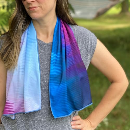 SHAKEitCOOL Extended Size Cooling Towel – Be Cool in Style - Heat Relief, Soft, Lightweight, Sun Protection, Easy Clean - Perfect for Biking, Hiking, Running, Yoga, Golf - Blue Purple Wave M - color: Blue Purple Wave